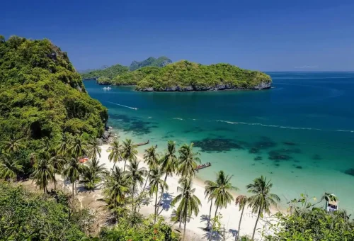 Scenic view of Koh Wua Talap with palm trees, white sand, and turquoise sea at Angthong Marine Park.