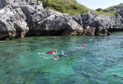 Tourists snorkeling in the shallow green lagoon at Angthong National Marine Park.