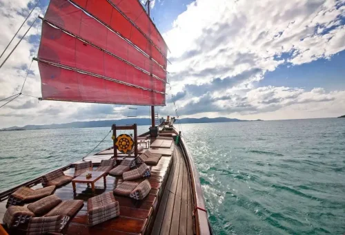 Wooden sailing junk departing Koh Samui island