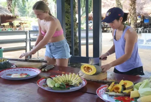 Two women preparing sugarcane and pumpkins for elephants during a cooking activity at Krabi Elephant Shelter.