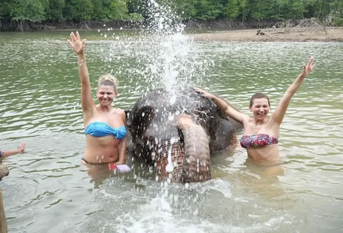 Tourists laughing while an elephant sprays water during the Bathe With Me experience.