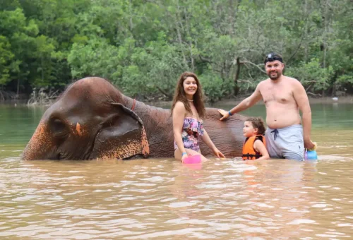 Family bathing with an elephant in the river surrounded by lush greenery in Krabi.