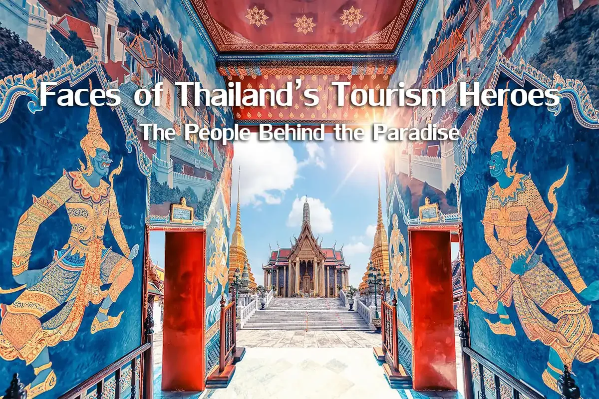 A vibrant entrance to a Thai temple with golden spires and traditional mural art, symbolizing the culture and people who make Thailand’s tourism thrive with Phuket Travel Store.