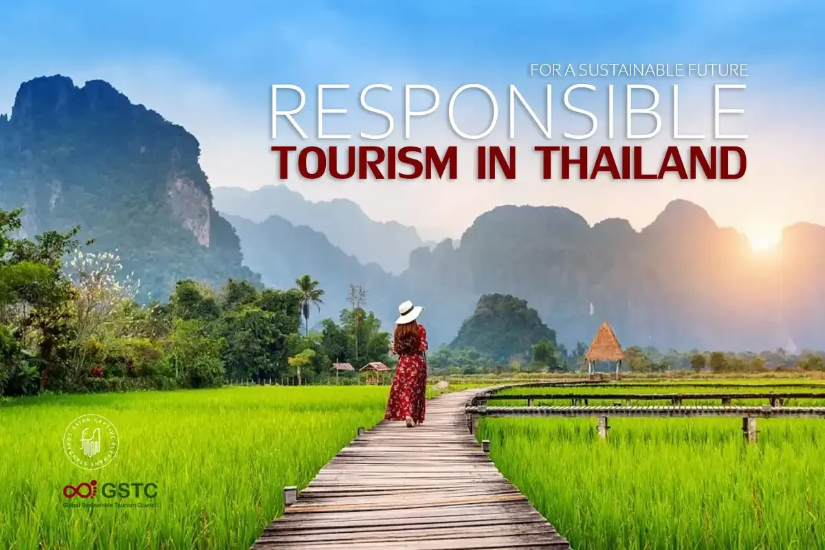 Woman walking along a wooden pathway through lush green rice fields with limestone mountains at sunrise, promoting responsible and sustainable tourism in Thailand with Phuket Travel Store.