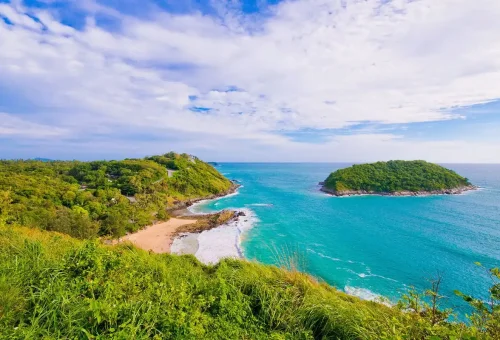 Private Phuket City Tour – Windmill viewpoint with turquoise sea and nearby island in Phuket with Phuket Travel Store.