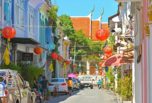 Private Phuket City Tour – colorful Sino-Portuguese buildings and lanterns in Phuket Old Town with Phuket Travel Store.