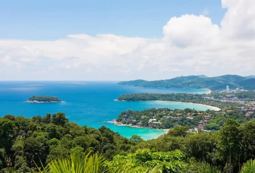 Panoramic view of Kata, Kata Noi, and Karon beaches from Three Beaches Viewpoint Phuket.