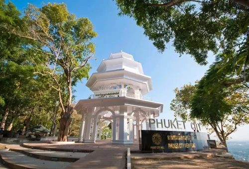 Phuket City Viewpoint white pavilion surrounded by greenery with panoramic hilltop views, Phuket Travel Store.