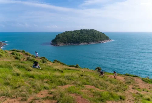 Beautiful coastal view of Koh Man island from Windmill Viewpoint Phuket.