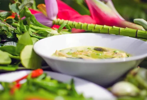 Freshly made Thai green curry with herbs at Ya’s Thai Cookery School Krabi.