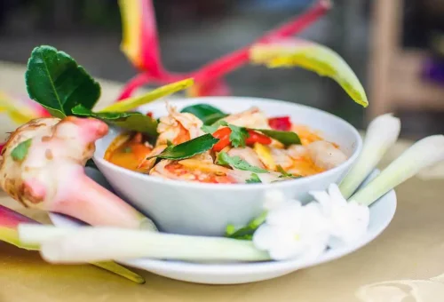 Authentic Tom Yum Goong prepared during a Thai cooking class at Ya’s Thai Cookery School Krabi.