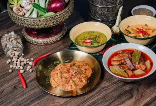 A selection of Thai curries including red, green, and Panang served at Ya’s Thai Cookery School.