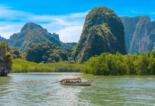 Traditional longtail boat cruising through mangroves and limestone mountains in Phang Nga Bay.