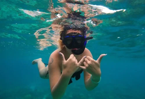 Snorkeler underwater exploring colorful marine life on a Phi Phi Islands private speedboat trip.