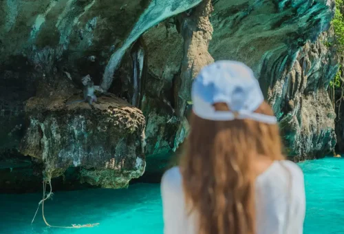 Monkey sitting on a rocky ledge above turquoise water at Monkey Beach on a Phi Phi Islands tour.