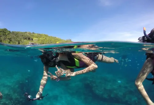 Snorkeler captured half above and half below water at Similan Islands coral reef