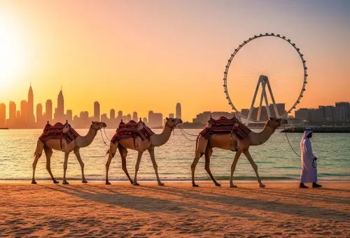 ➡️ @dubai_dreamland __Golden hour vibes in Dubai 🌅✨ _Camels on the beach 🐪🌴 _Ain Dubai spinning magic 🎡🔥 _This is where tradition meets modern marvels 🇦🇪❤️ _Would you ride a camel at sunrise_ 😍☀️__Creator 📸