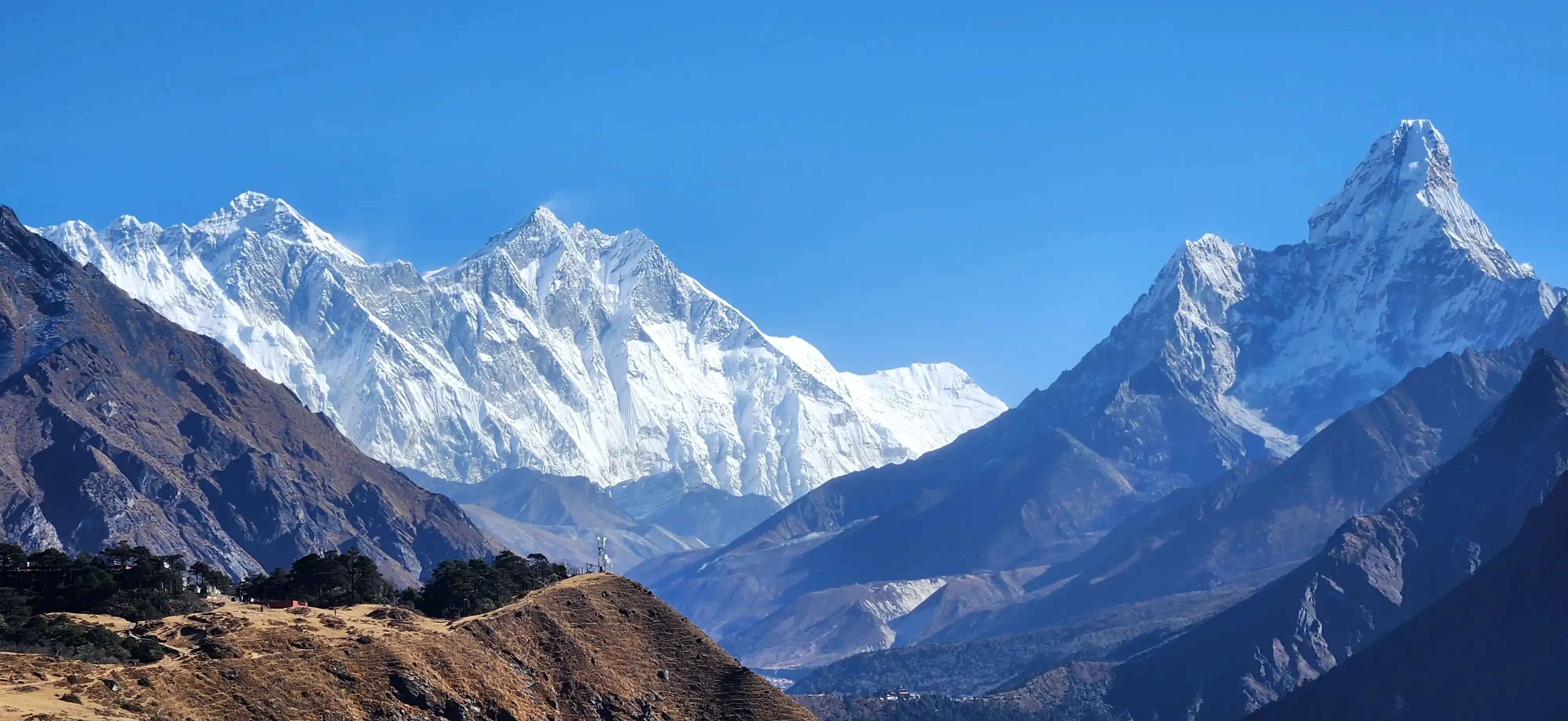 Clear views of Mount Everest, Mount Lhotse, Mount Ama Dablam, and Nuptse from Everest View Hotel, Namche Bazar.