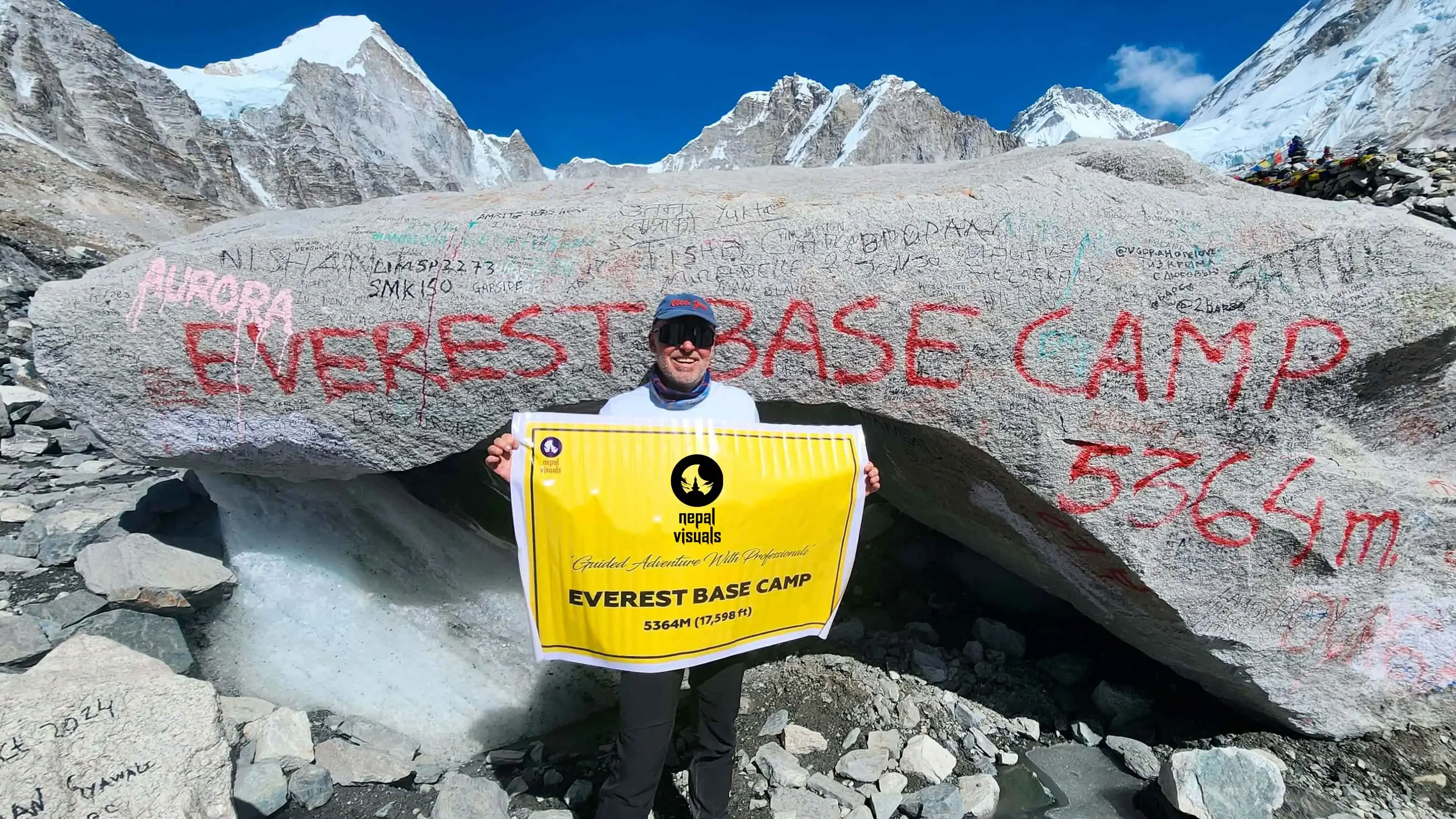 Posing infront of the iconic stone landmark at Everest Base Camp