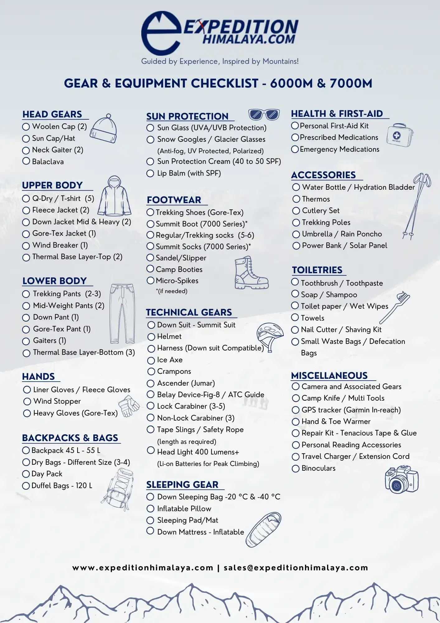Gear Checklist - 7000m & 6000m
