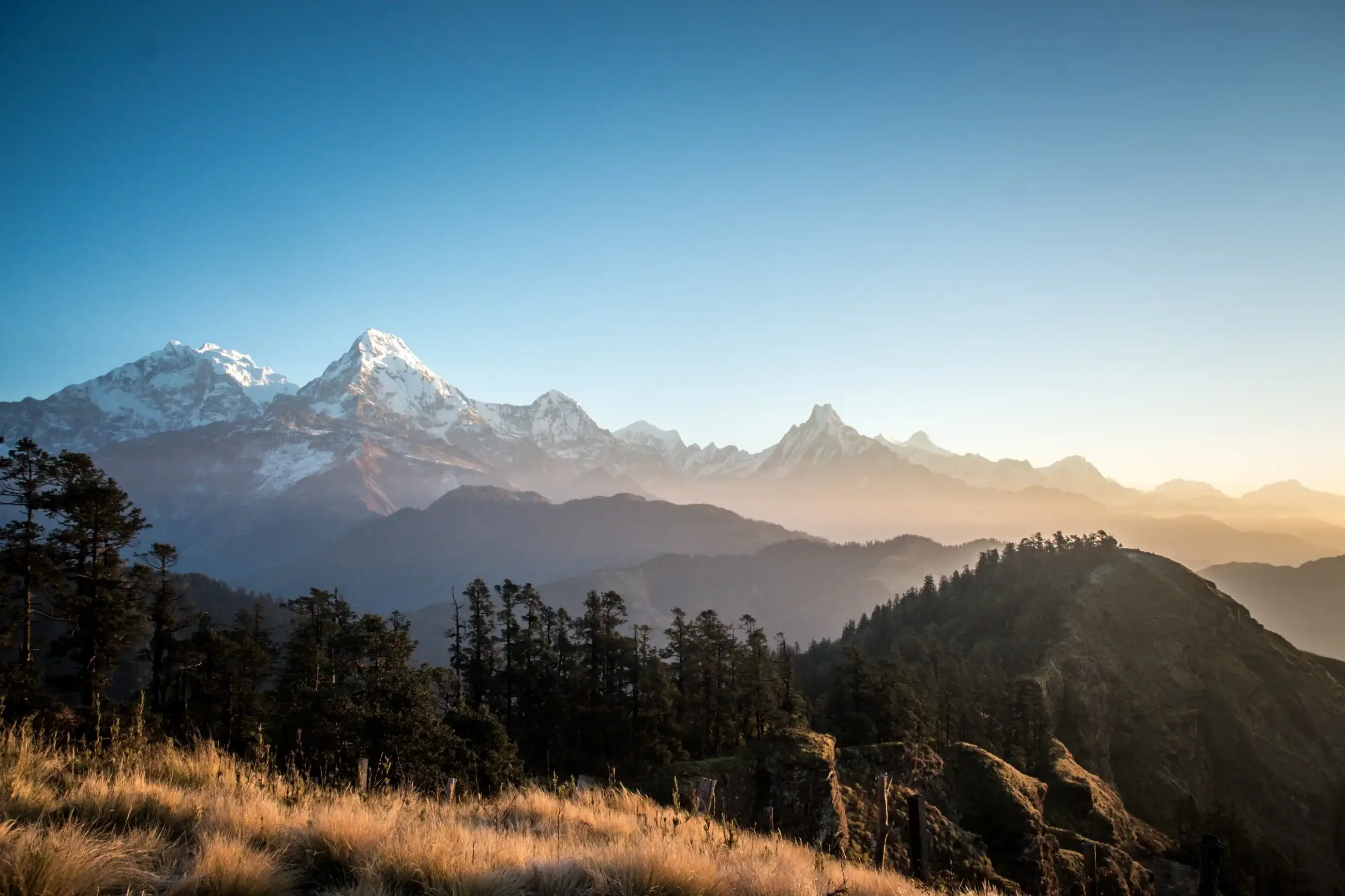 View of Annapurna Panaroma with Mt. Machhapuchhere from Mohare Danda early sunrise