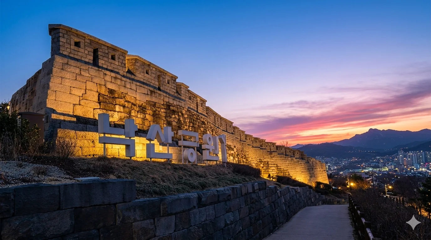 Sunset over Seoul's historic city wall and skyline on a B2K Hidden Heights evening walking tour