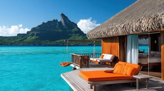 luxurious-overwater-bungalow-with-stunning-ocean-view-and-tropical-island-scenery-relaxing-deck-with-daybed-and-swing-free-photo