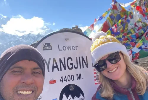 traveller with guide at langtang